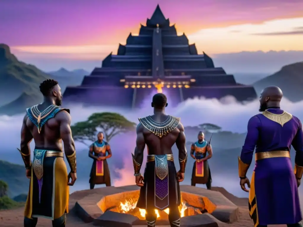 Una danza ceremonial en la majestuosa ciudad de Wakanda al atardecer, con energía púrpura que evoca su cultura y mitología