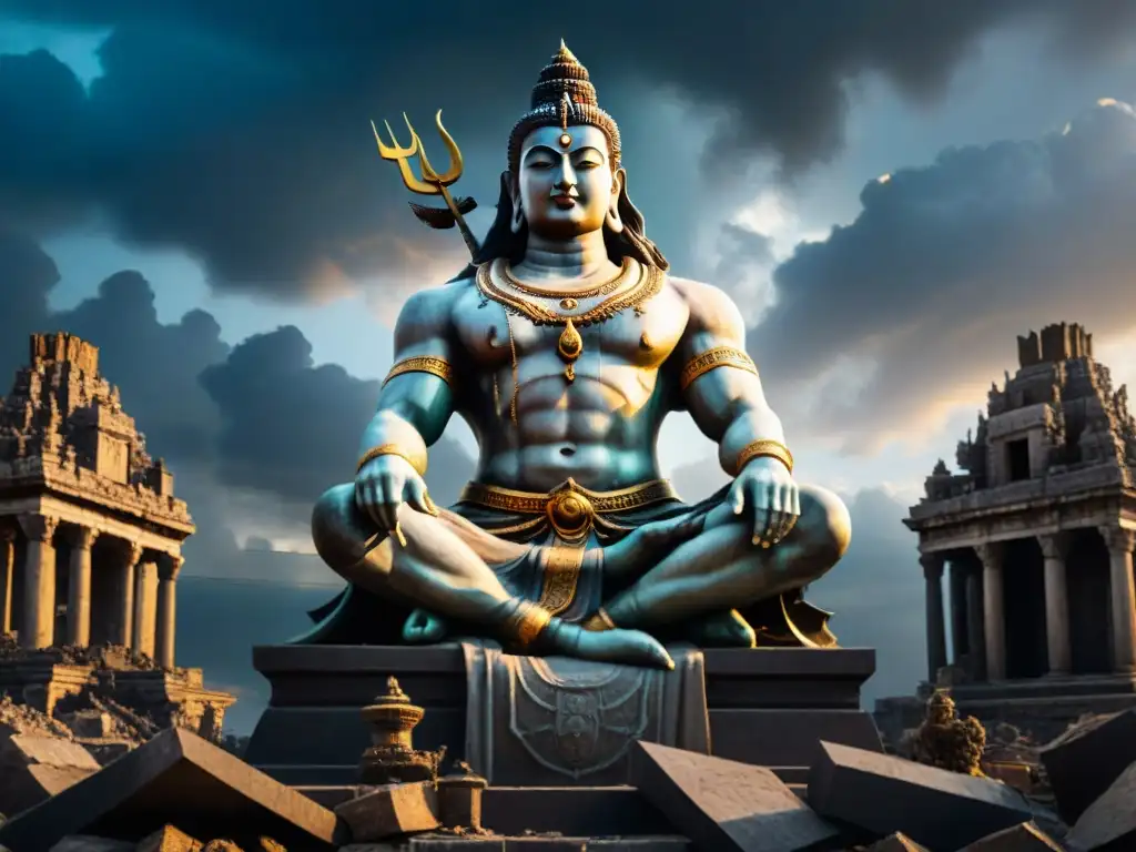 En la danza de Shiva, un colosal Shiva emerge en un mundo postapocalíptico, entre ruinas y nubes tormentosas