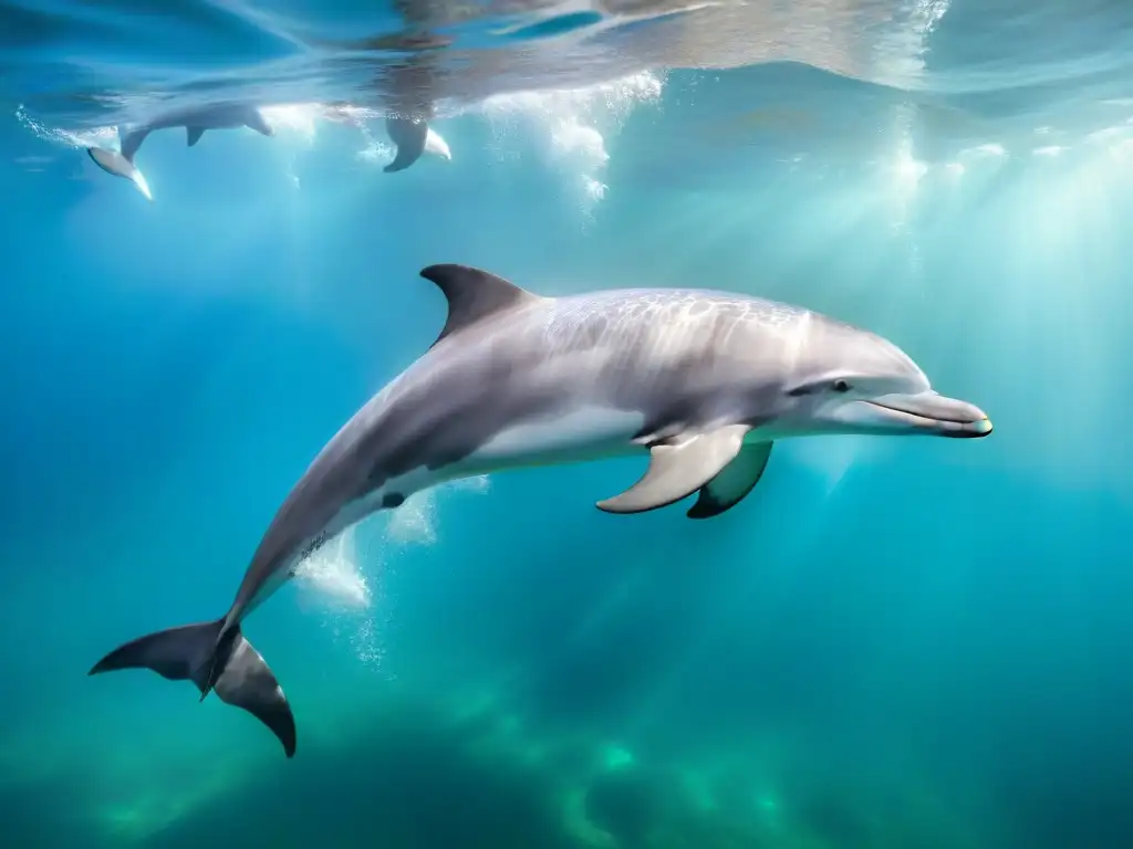 Pod de delfines inteligentes nadando en aguas cristalinas, comunicando en la naturaleza