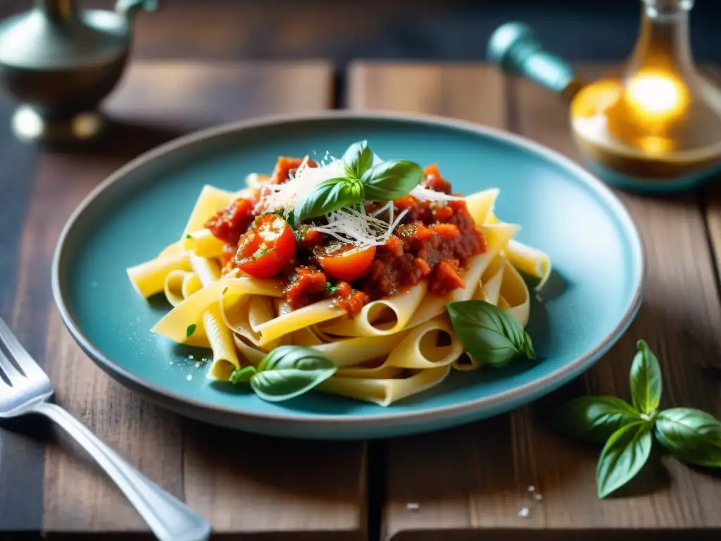 Deliciosa pasta italiana con salsa de tomate, albahaca fresca y queso parmesano en mesa de madera rústica