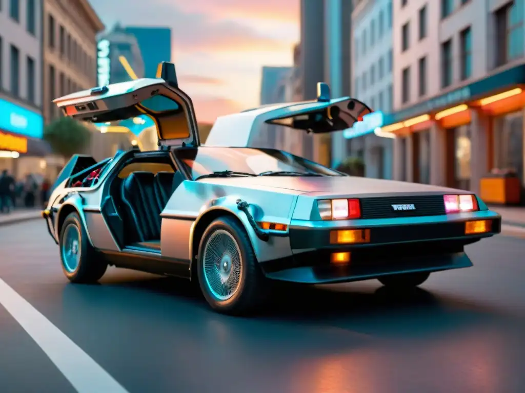 Un DeLorean brillante en una ciudad futurista con portales de tiempo y autos voladores