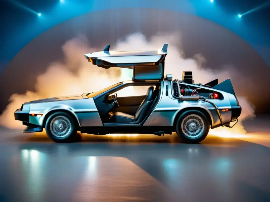 El DeLorean de 'Back to the Future' en todo su esplendor, envuelto en un vórtice temporal dinámico y brillante