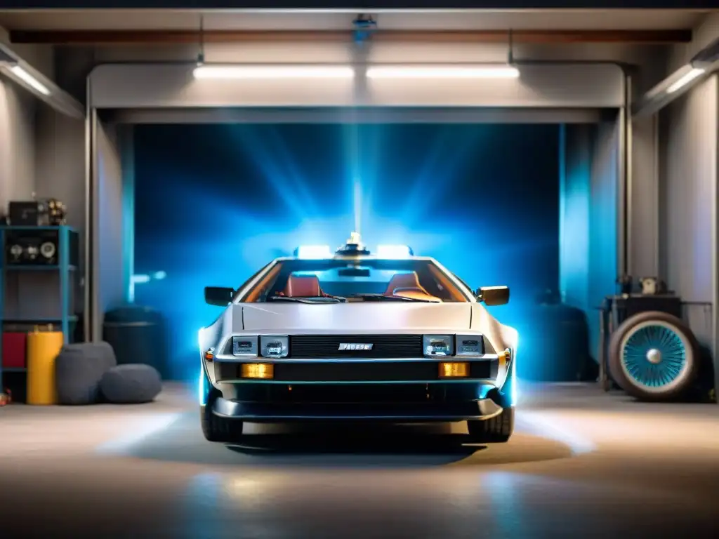 Un DeLorean futurista en un garaje iluminado, con las puertas de ala de gaviota abiertas y tecnología de viaje en el tiempo detallada