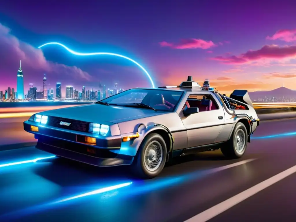 El DeLorean del futuro en una ciudad futurista con vehículos en mundos ficticios