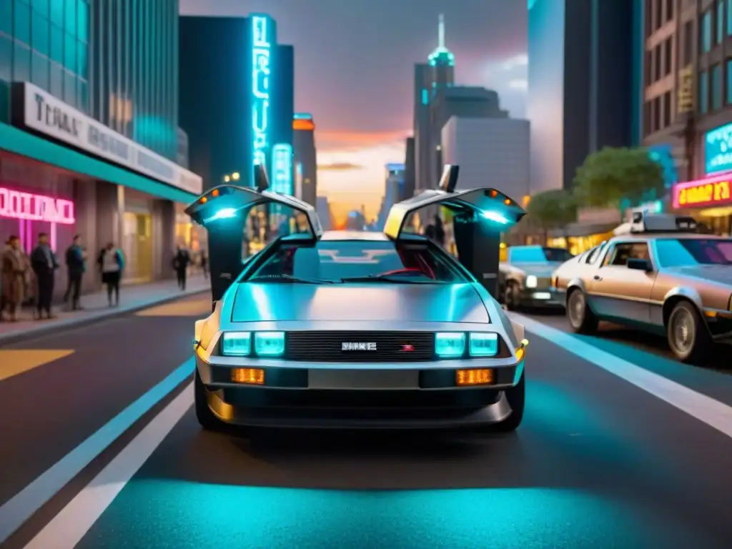 El DeLorean DMC12 de 'Back to the Future' brillando bajo luces neón en ciudad futurista