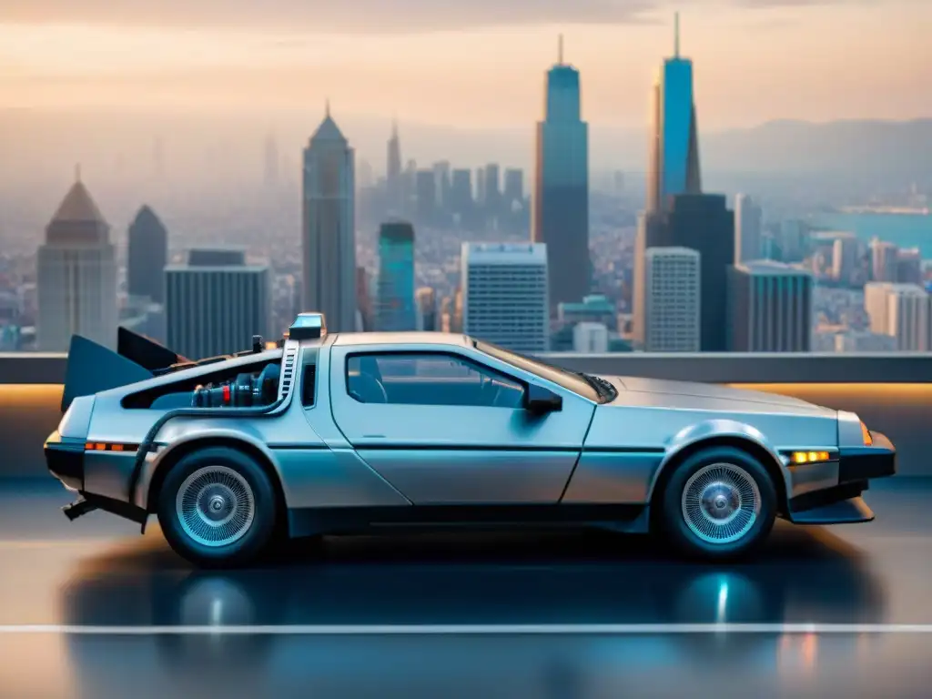 Un DeLorean vintage frente a una ciudad futurista al atardecer, con el icónico condensador de fluz azul brillante en su interior