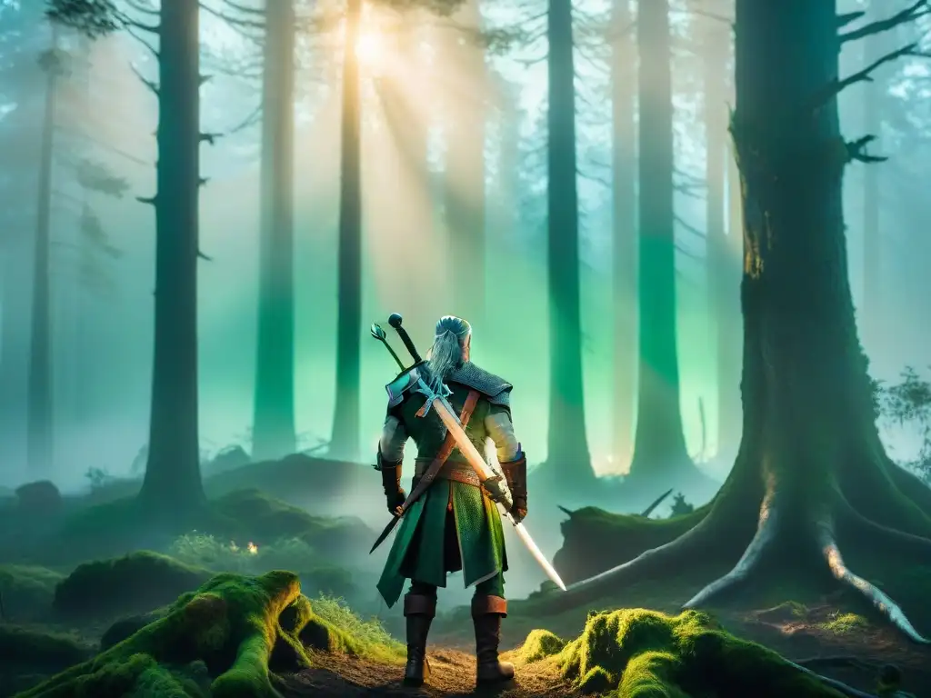 En la densa y mística foresta al anochecer, Geralt de Rivia enfrenta a un Leshen