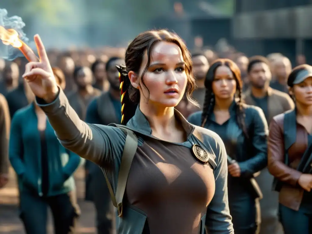 Katniss Everdeen desafía con el saludo de tres dedos en una escena dramática rodeada de rebeldes en un escenario distópico