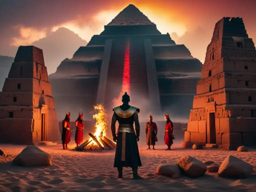 Desarrollo demonios religiones mundo: Misterioso ritual en el antiguo Oriente Próximo con ziggurat y figuras sombrías al atardecer rojizo