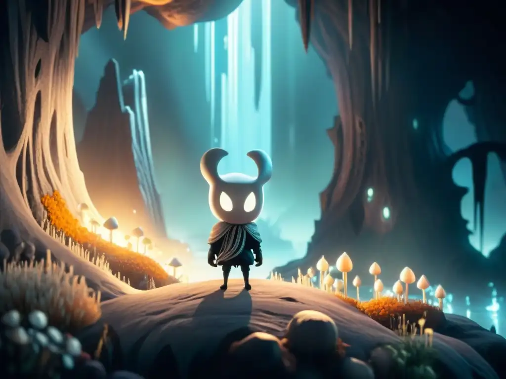 Descenso del protagonista de 'Hollow Knight' a submundos secretos, con hongos brillantes y criaturas bioluminiscentes