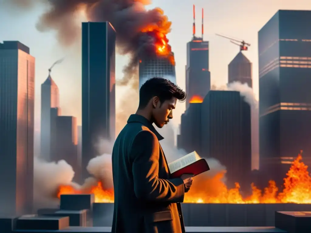 Desgarradora imagen de una ciudad futurista en llamas, inspirada en 'Fahrenheit 451', reflejando la lucha contra el totalitarismo