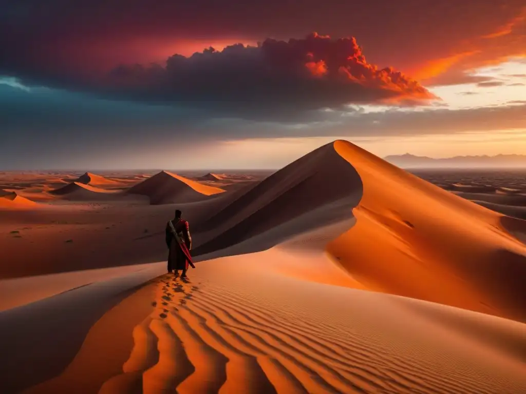 Desierto de Arrakis con un cielo rojo sangre, dunas infinitas y un majestuoso gusano de arena