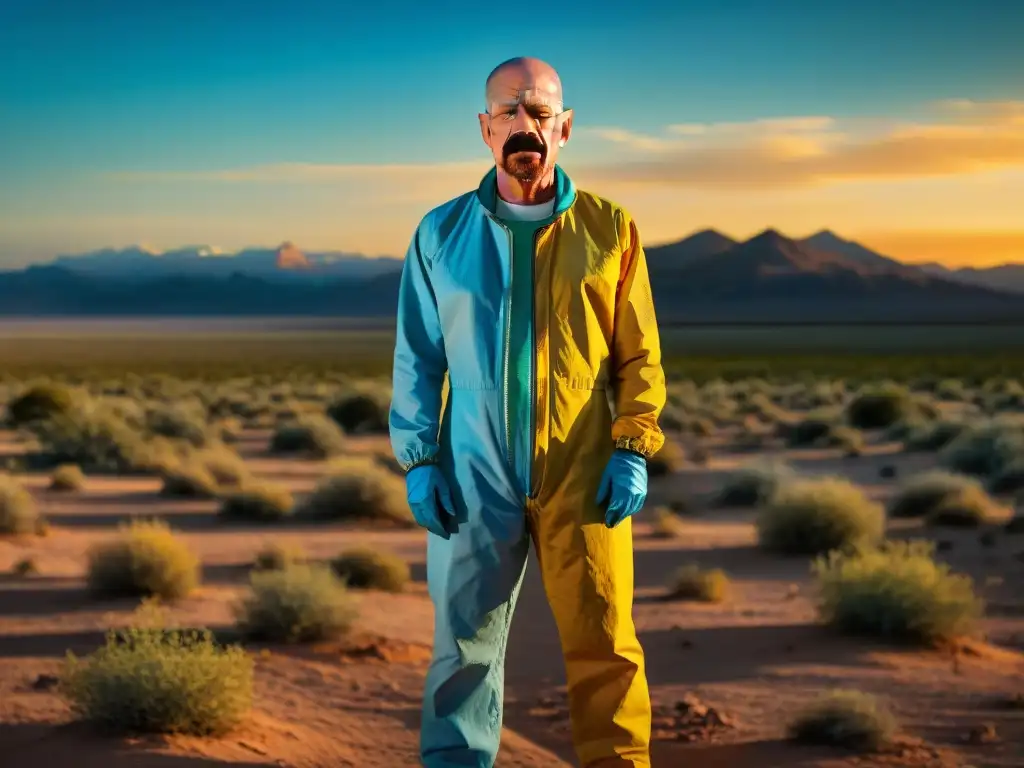 Walter White en el desierto al atardecer, simbolizando la moralidad y crimen en ficción