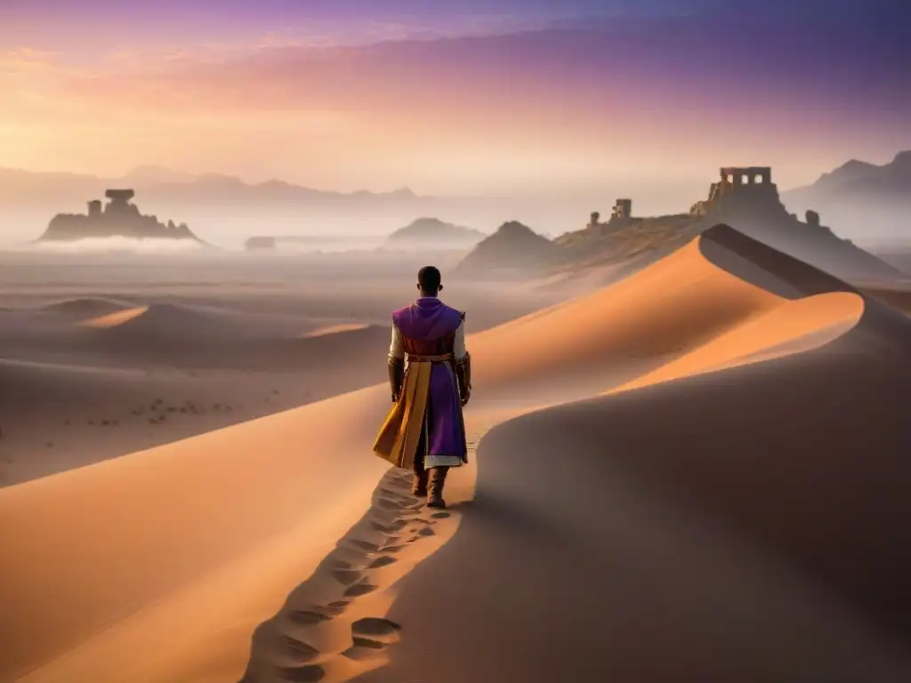 Explorando un desierto al atardecer en 'Journey', con ruinas antiguas y jugadores lejanos