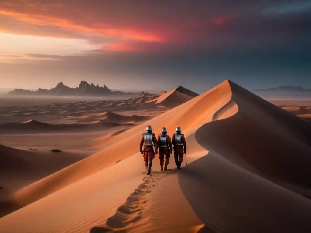 Desierto de Arrakis: Fremen marchan hacia un espejismo bajo un cielo rojo, simbolizando resistencia al Gobierno Galáctico en Dune análisis