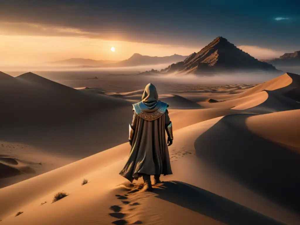 En el desierto de Arrakis, guerreros Fremen rodean a un líder desafiante frente a una tormenta de arena