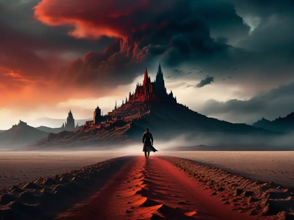 Torre oscura: misterio y desolación en el desierto Un desierto misterioso bajo un cielo rojo sangre, con una torre solitaria envuelta en neblina y una energía ominosa