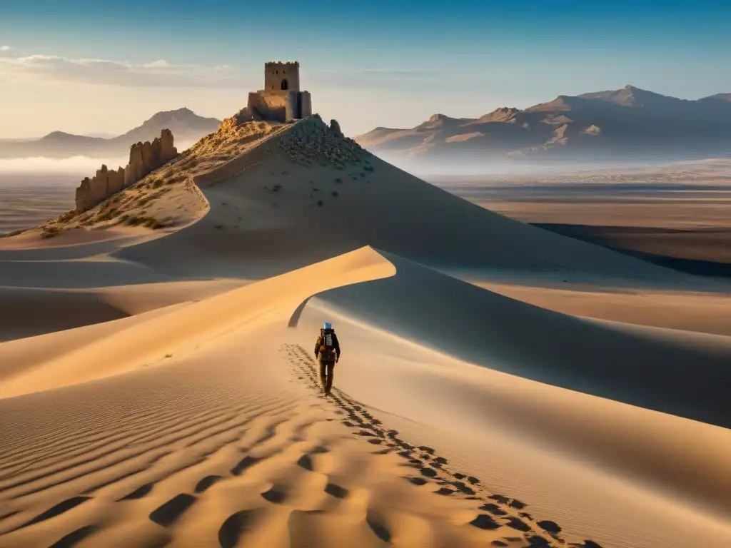 Desierto de Almería con ruinas antiguas y figura solitaria, evocando misterio y aventura