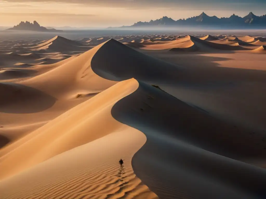 Desierto de Arrakis en Dune revela secretos bajo el sol abrasador, con dunas y gusanos de arena icónicos en paisaje misterioso y dramático