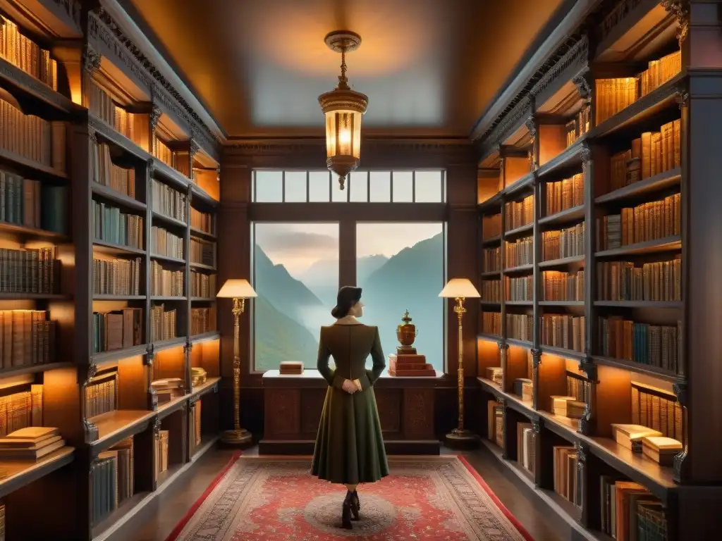 Un deslumbrante rincón de rareza en ediciones limitadas literatura, en una biblioteca de ensueño iluminada por lámparas antiguas