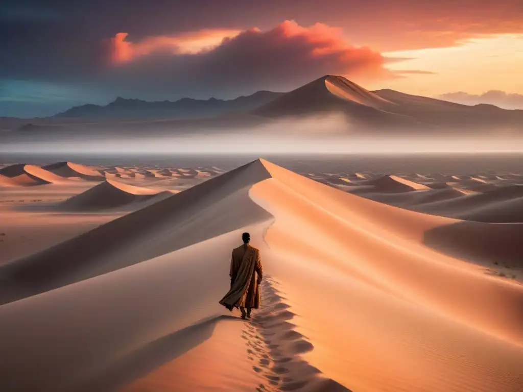 En la desolada vastedad del desierto, una figura solitaria contempla un horizonte donde se gesta una tormenta de arena