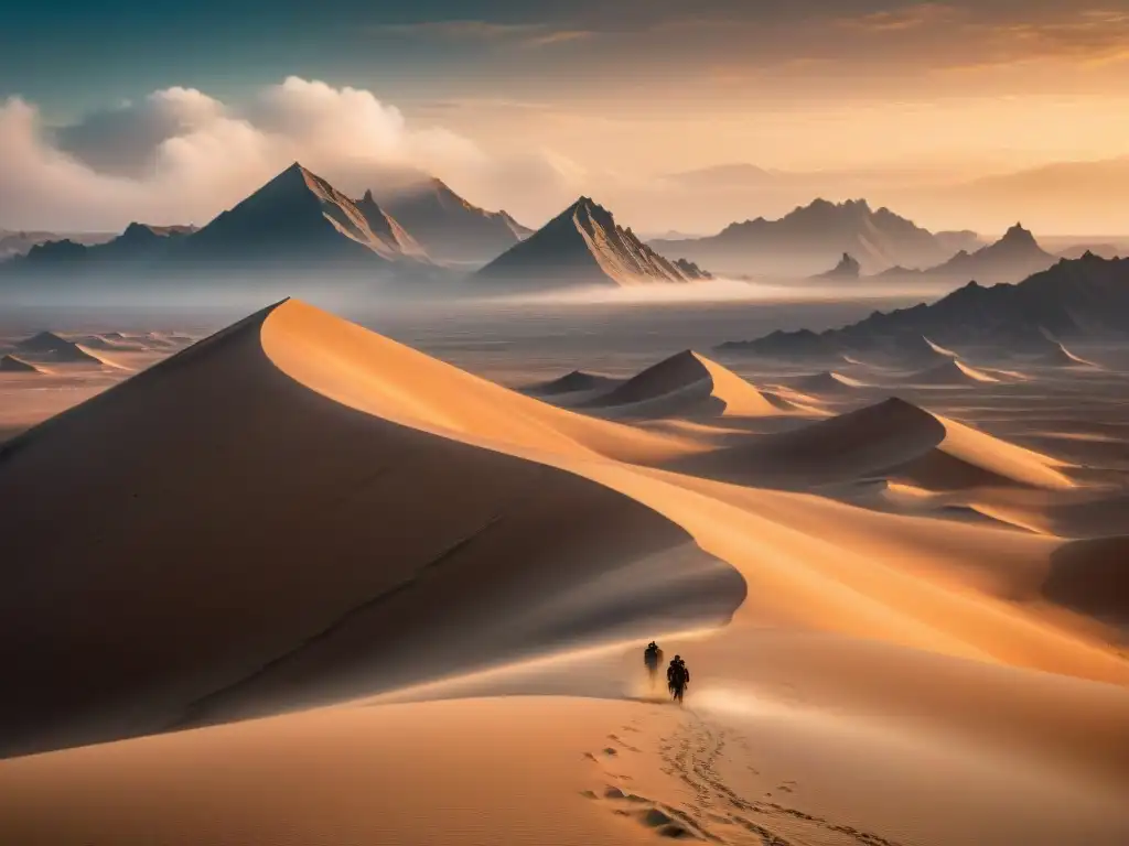 Desolado paisaje del desierto de Arrakis bajo el sol abrasador, con dunas, cosechadora de especias y tormentas de arena