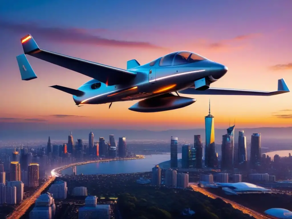 Innovación en Despegue Vertical: VTOL futurista sobre ciudad al atardecer, luces de la ciudad y puesta de sol vibrante