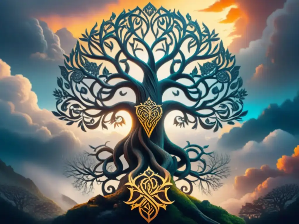 Ilustración detallada con un árbol majestuoso y ramas entrelazadas, rodeado de animales de Game of Thrones