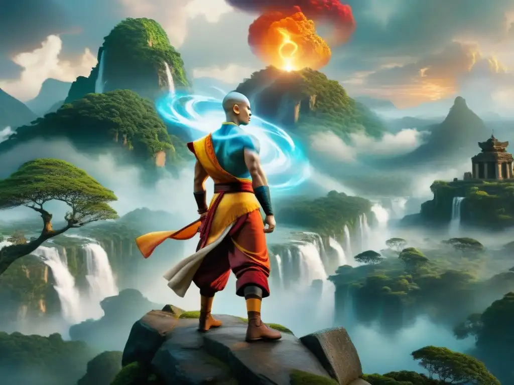 Ilustración detallada de Avatar Aang en la cima de una montaña, rodeado de energía espiritual, elementos y paisaje místico