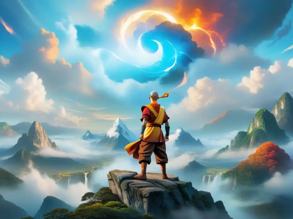 Ilustración detallada de Aang de 'Avatar: The Last Airbender' en la cima de una montaña, rodeado de elementos brillantes que representan las disciplinas de los cuatro elementos