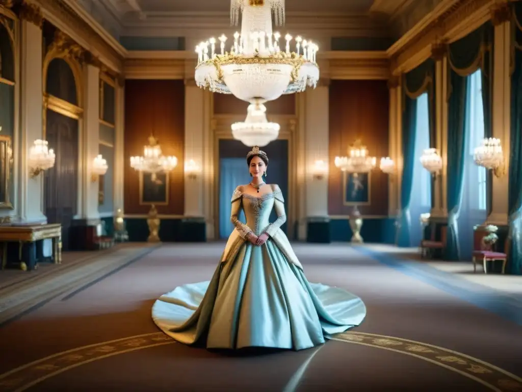 Recreación detallada del salón de baile de Buckingham Palace en 'The Crown', con actores en trajes de época, exudando elegancia regia