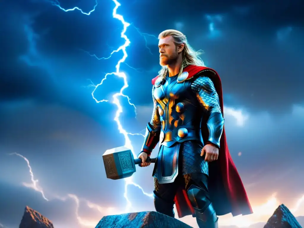 Ilustración detallada de Thor con Mitología Nórdica, Mjölnir brillante, en reino mítico