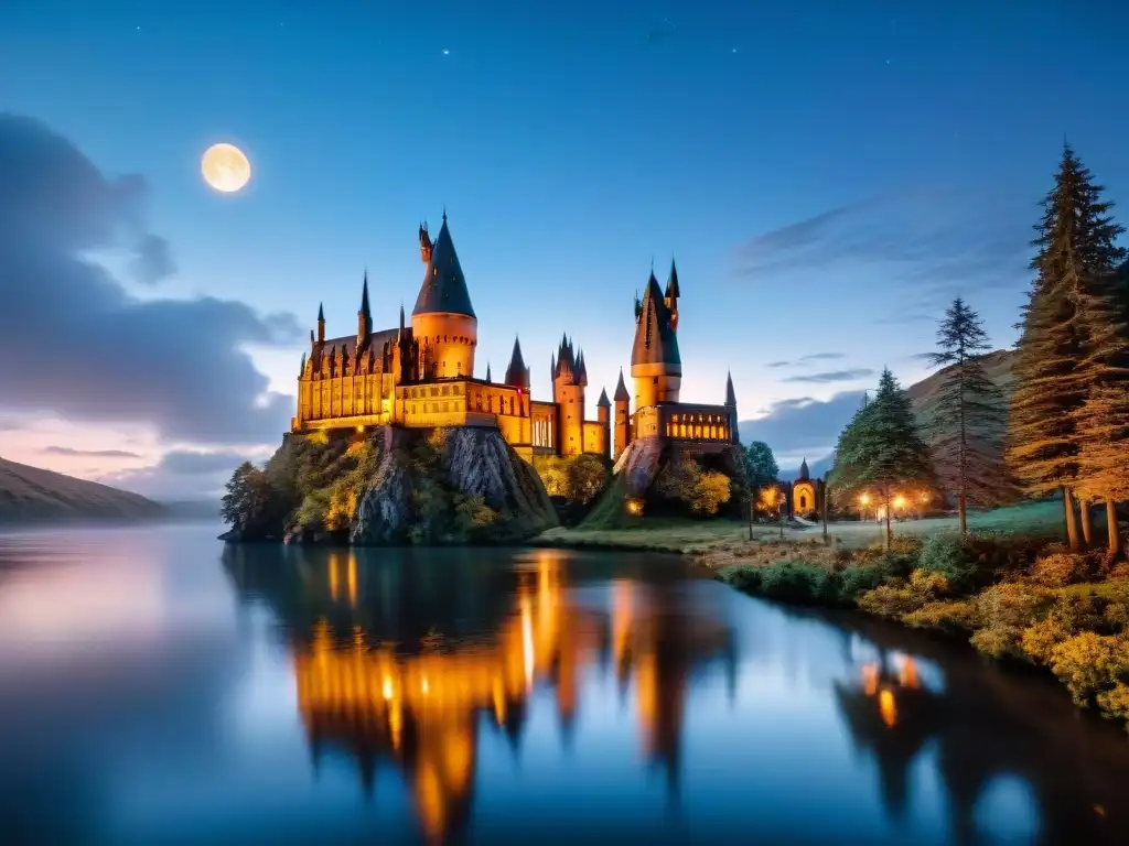 Ilustración detallada de Hogwarts al anochecer, con el castillo majestuoso, espigas altas y ventanas brillantes, en un cielo estrellado