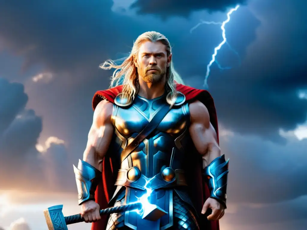 Ilustración detallada y cinematográfica de Thor, dios nórdico del trueno, poderoso en su armadura, con Mjolnir y relámpagos