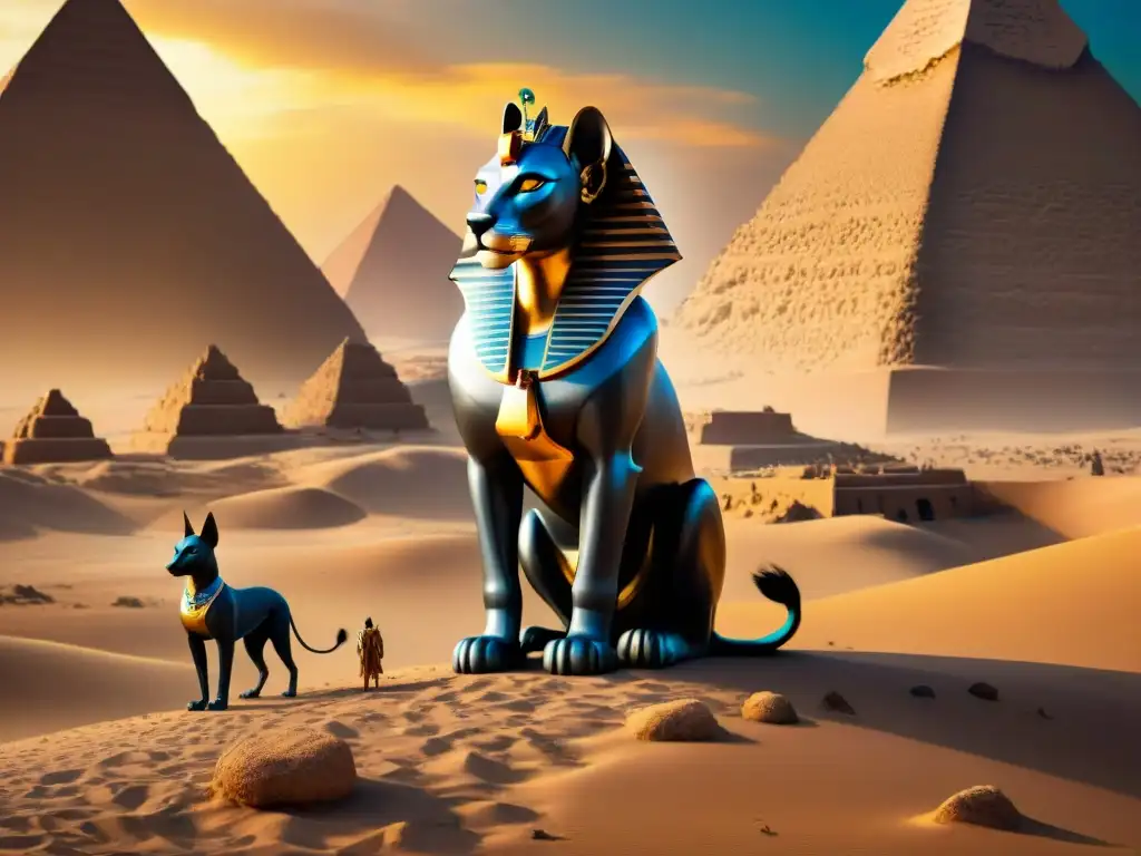 Ilustración detallada de la evolución de criaturas mitológicas egipcias, desde Anubis hasta una versión moderna, en un paisaje desértico místico al atardecer