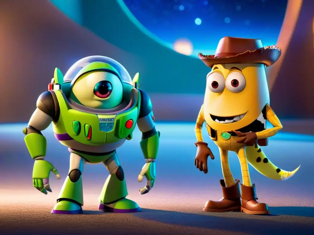 Ilustración detallada de escenas icónicas de amistad en Toy Story y Monsters, donde Woody, Buzz, Sulley y Mike fortalecen lazos