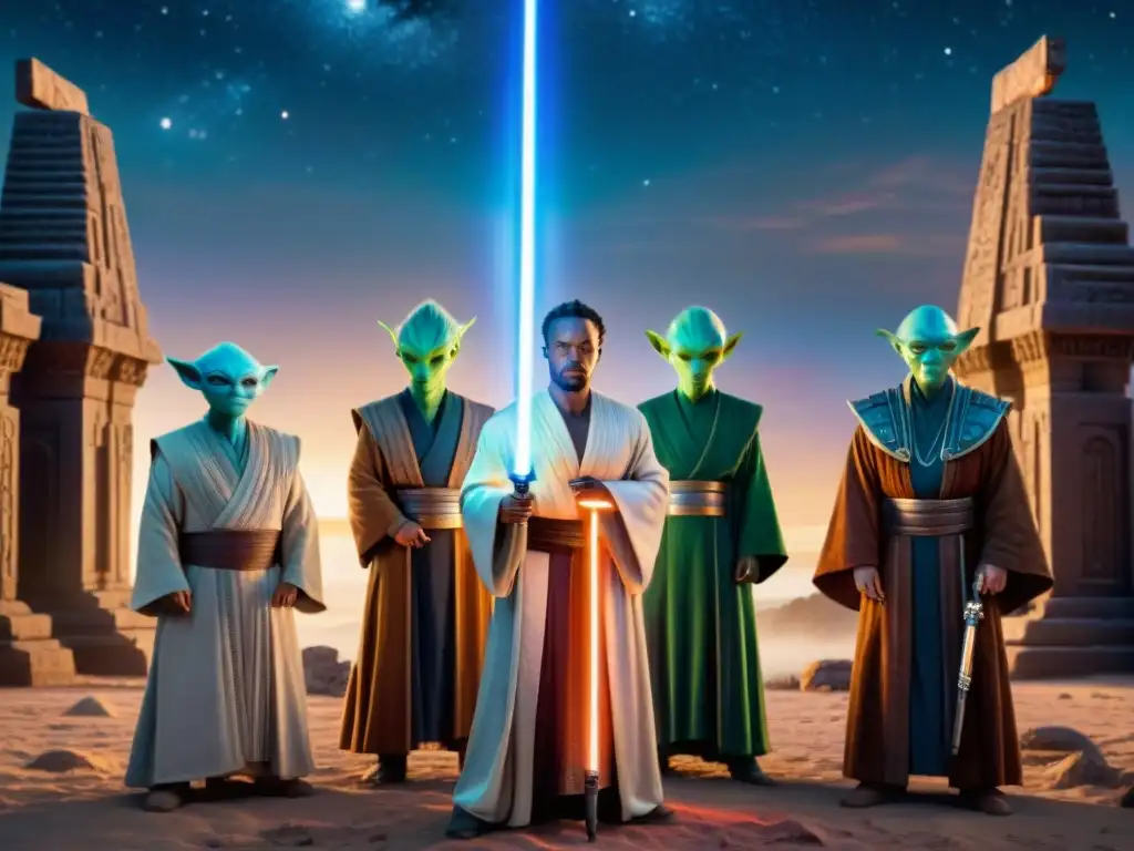 Ilustración detallada de diversas especies alienígenas con sables láser, rodeando a un Jedi poderoso bajo un cielo estrellado