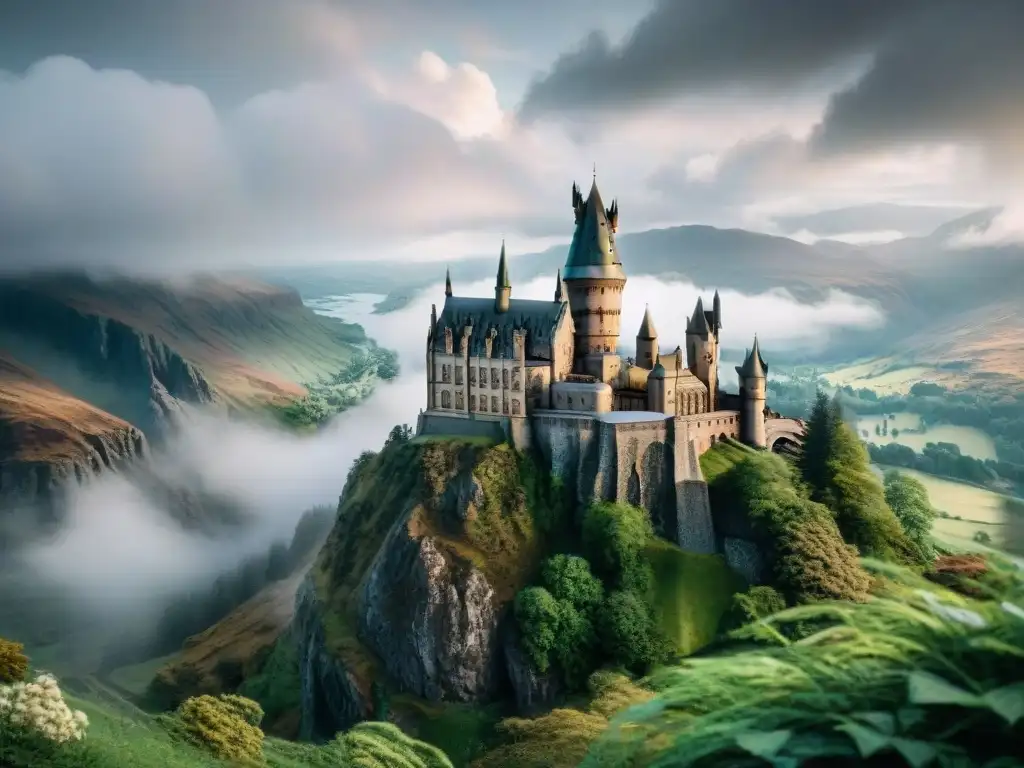 Ilustración detallada estilo cinematográfico de Hogwarts Castle en las Highlands escocesas