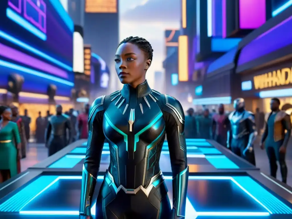 Detallada tecnología de Wakanda en Black Panther: holograma futurista con diseño africano y gadgets de Shuri en azul brillante