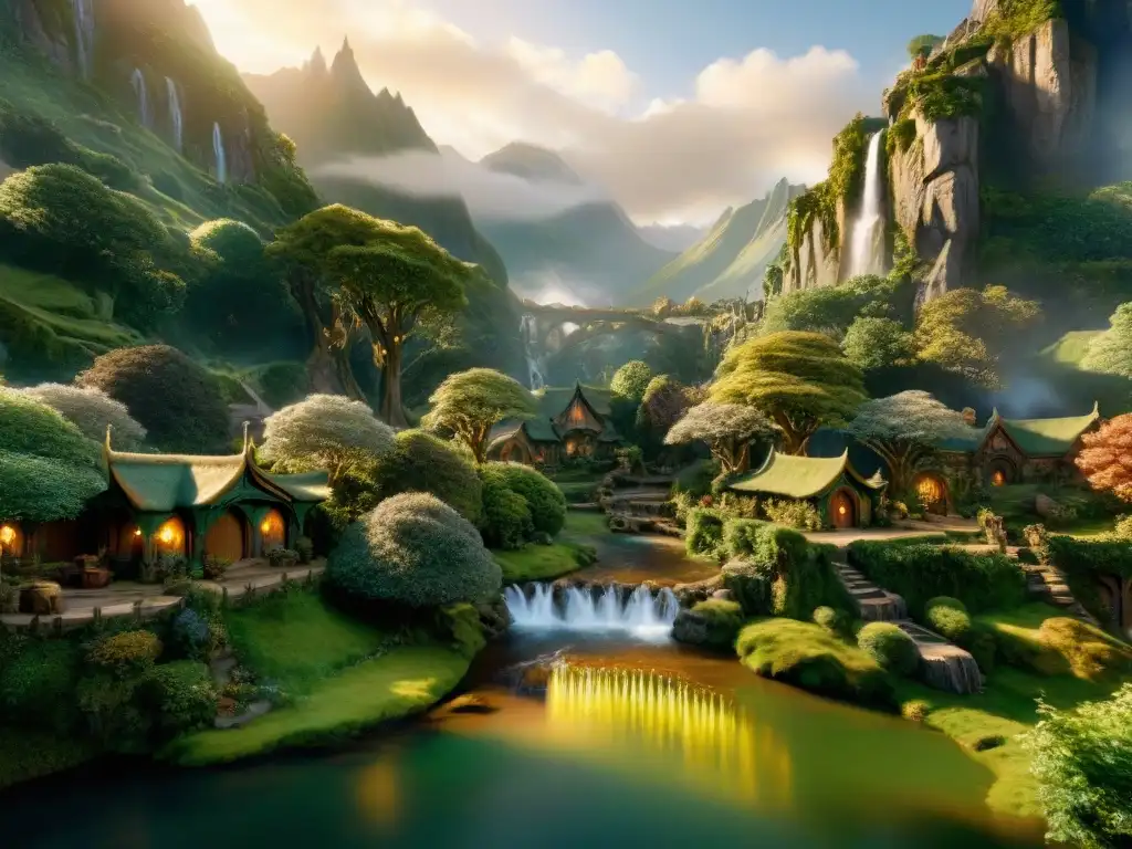 Detallada imagen 8k de Rivendell en 'El Hobbit', mostrando arquitectura élfica, naturaleza exuberante y cascadas