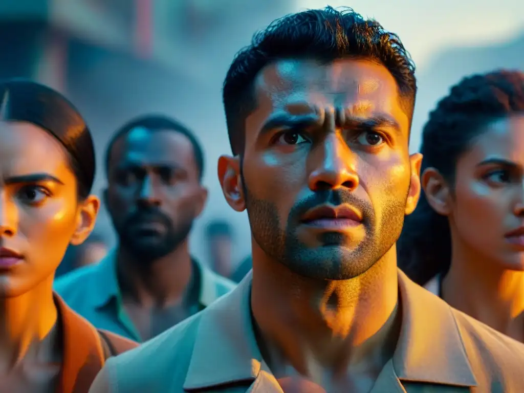 Detallada imagen en 8k de los personajes de 'El Juego del Calamar' mostrando expresiones faciales intensas que reflejan determinación, miedo y desesperación bajo un intenso foco cinematográfico