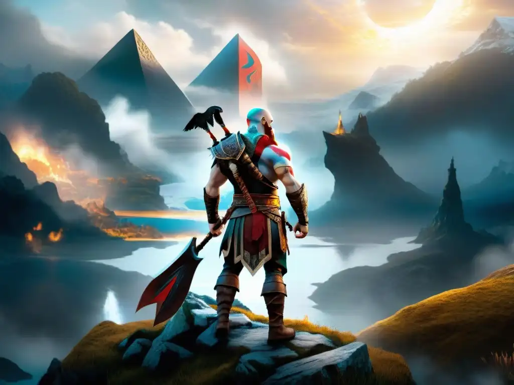 Ilustración detallada de Kratos en 'God of War', con la Mitología Nórdica en un telón de fondo épico