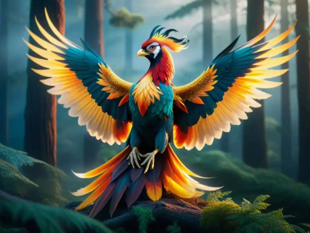 Ilustración detallada de un majestuoso fénix en vuelo, sus plumas de fuego brillan en tonos rojos, naranjas y dorados en un bosque mítico