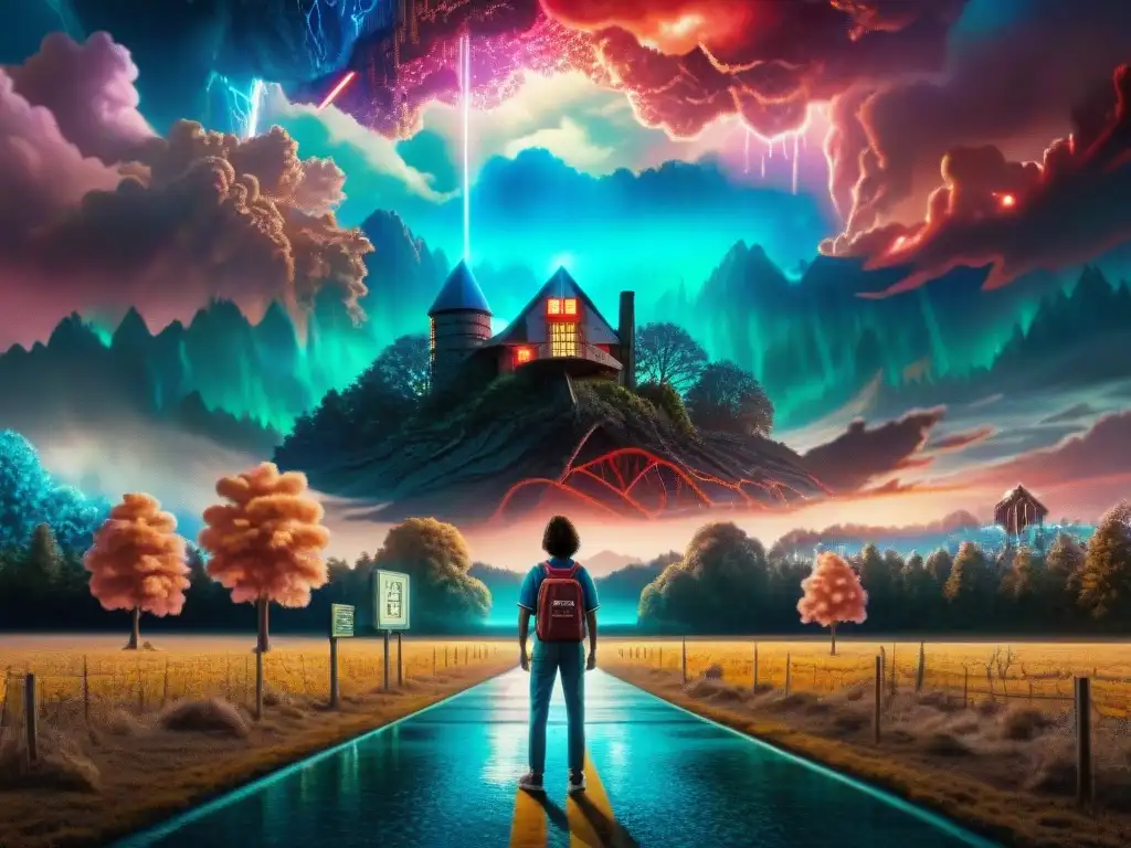 Ilustración detallada del mundo del revés de Stranger Things con cielos oscuros, arquitectura retorcida y sombras ominosas