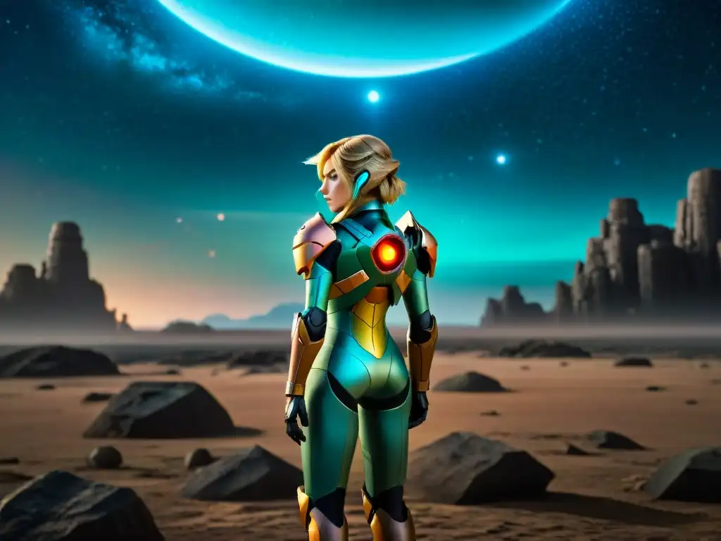 Ilustración detallada de Samus Aran en paisaje alienígena solitario con su traje abandonado