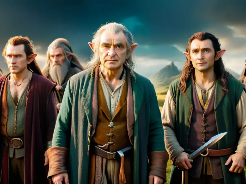 Ilustración detallada en 8k de personajes de 'El Hobbit' representando clases sociales