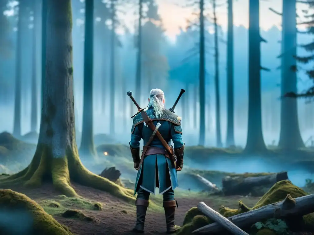 Ilustración detallada de Geralt de Rivia en un denso bosque eslavo al anochecer, con un majestuoso Leshy detrás