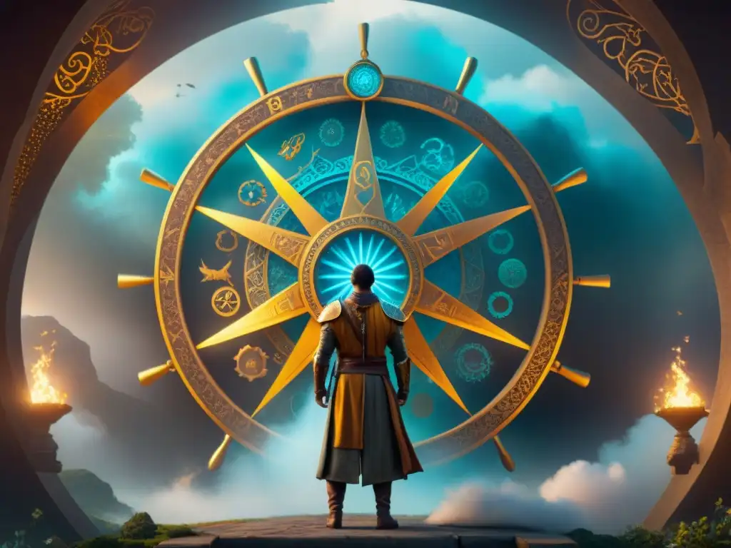 Ilustración detallada de una rueda vasta con fuerzas económicas y kármicas, personajes de 'The Wheel of Time', en escenario místico