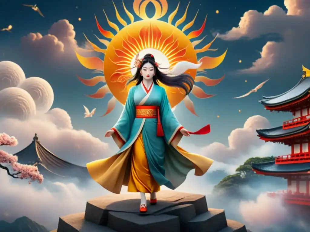 Ilustración detallada de Amaterasu, diosa del sol, rodeada de seres celestiales y criaturas míticas en un paisaje fantástico