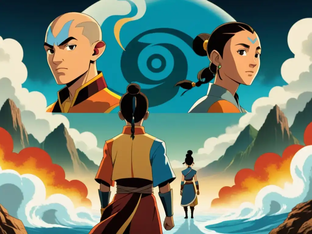 Ilustración detallada de Aang, Katara, Sokka y Toph junto con elementos de flexión, reflejando la mitología única de Avatar y su influencia cultural